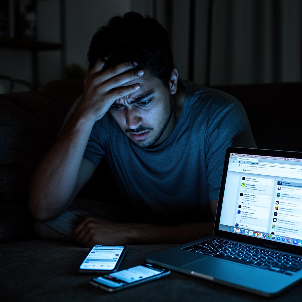 Pessoa frustrada e perdida com excesso de informação online